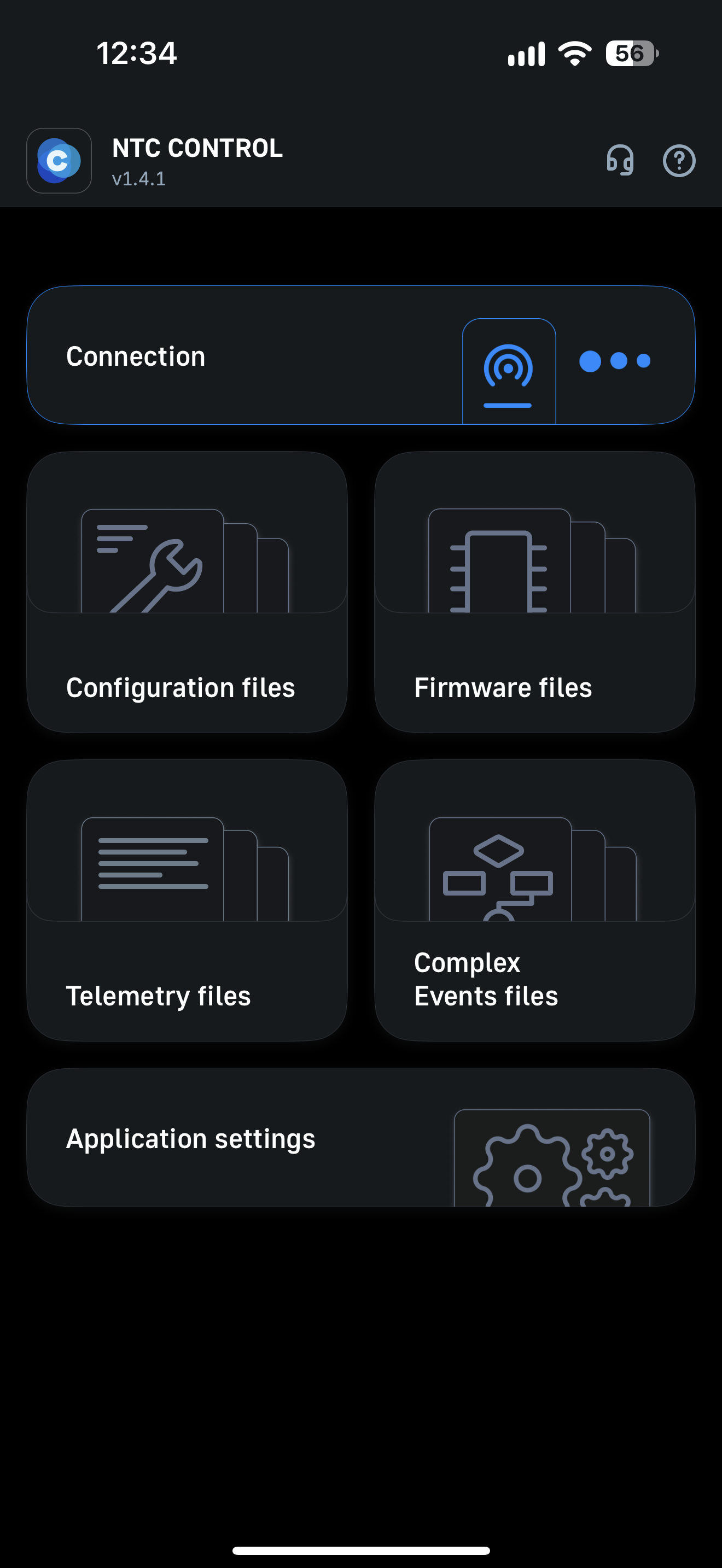 Pantalla de inicio de NTC Control con tema oscuro