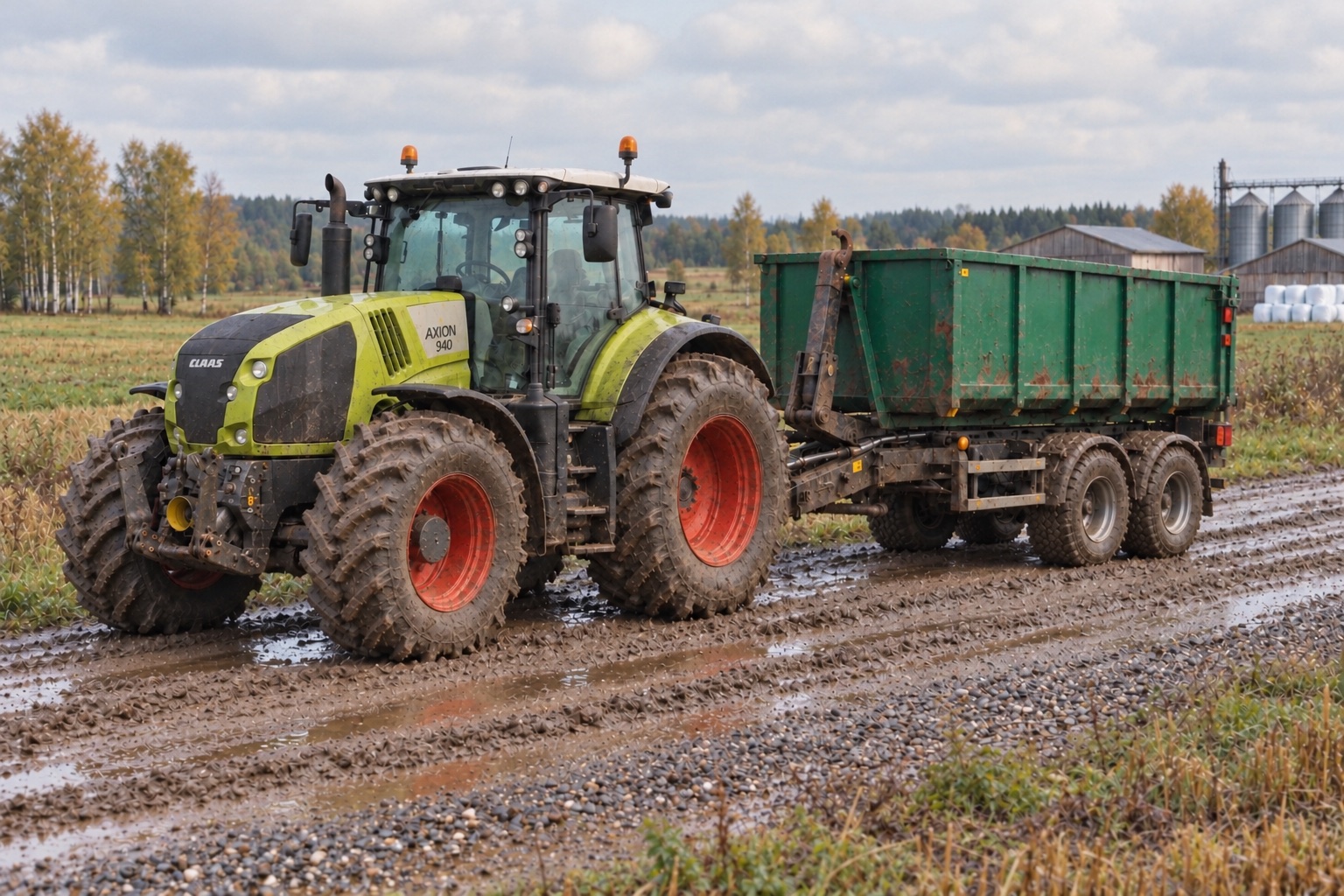 Tractor CLAAS AXION con remolque agrícola portacontenedores en un entorno rural