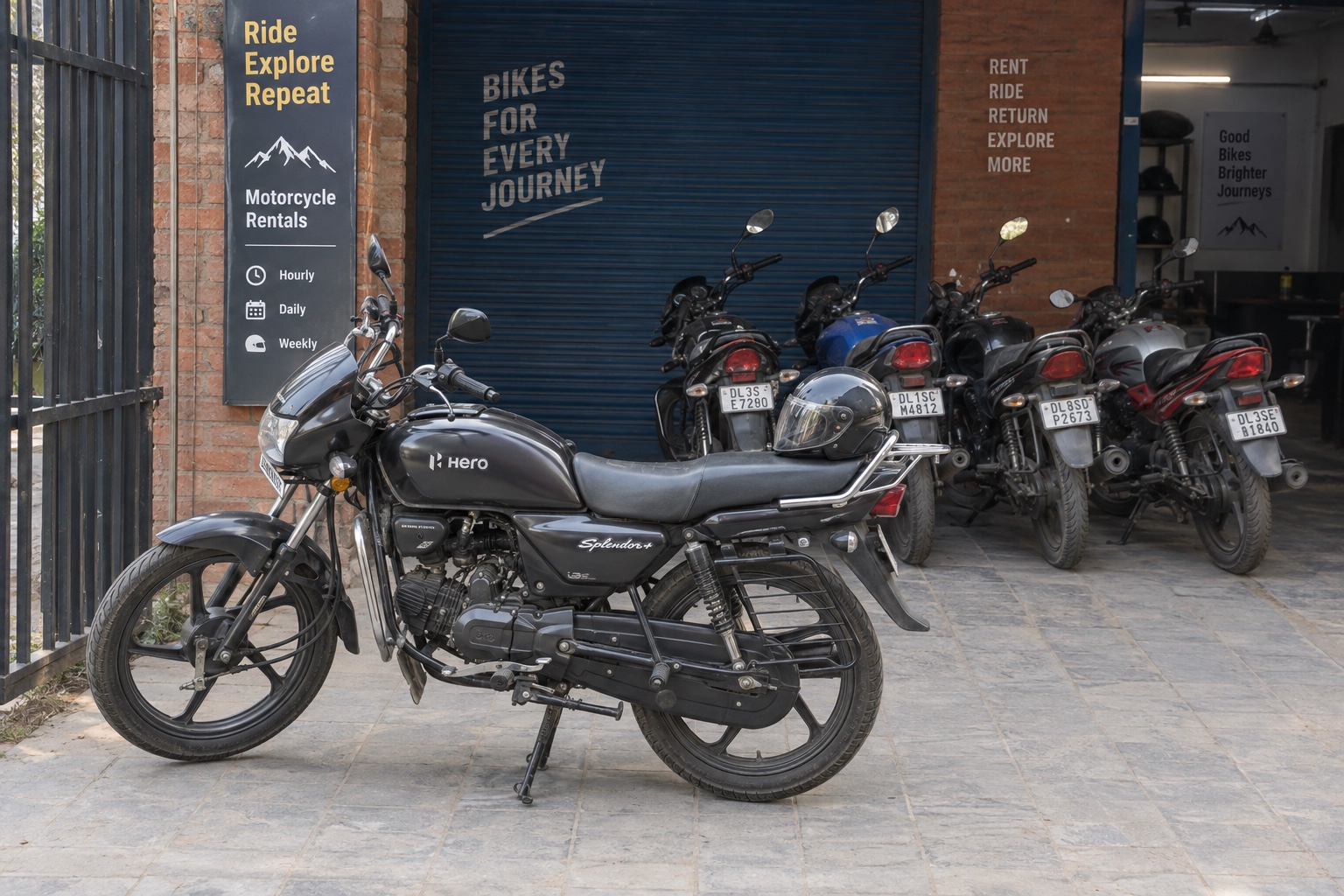 Moto lista para recoger en un pequeño estacionamiento de alquiler en Delhi — escena ilustrativa