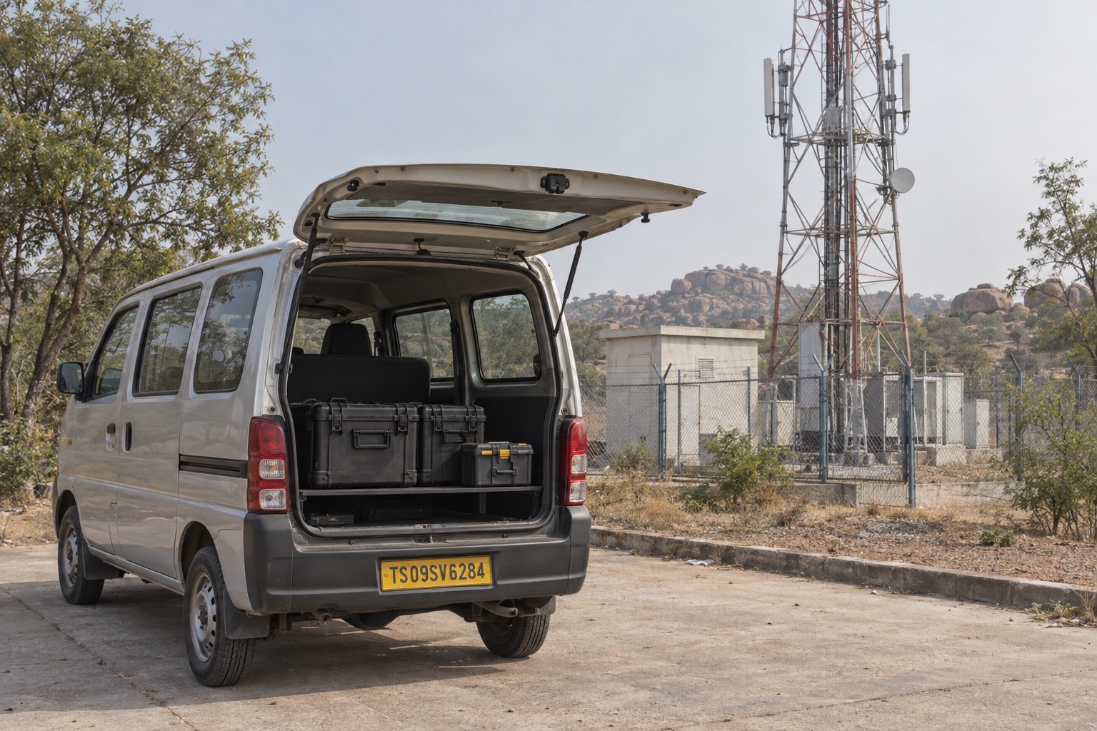 Imagen ilustrativa de una camioneta compacta de mantenimiento de telecomunicaciones con maletines de herramientas en un sitio de red de Hyderabad