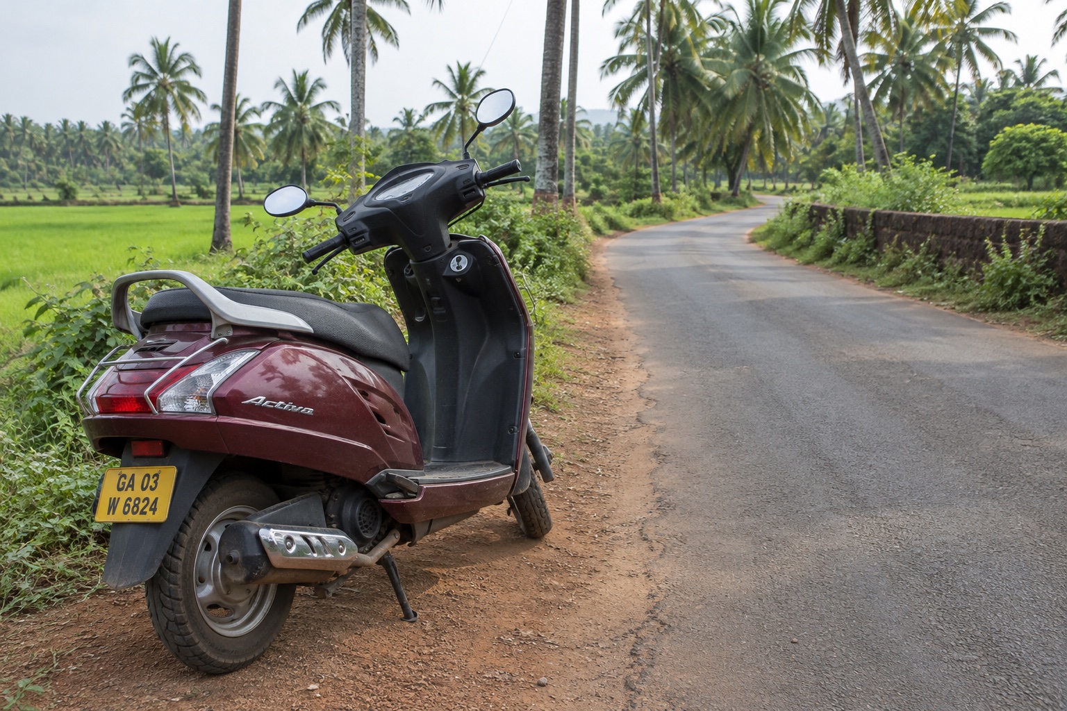 Scooter bordeaux sur le bas-côté d’une route calme, entre palmiers et champs verdoyants à Goa du Nord — scène illustrative