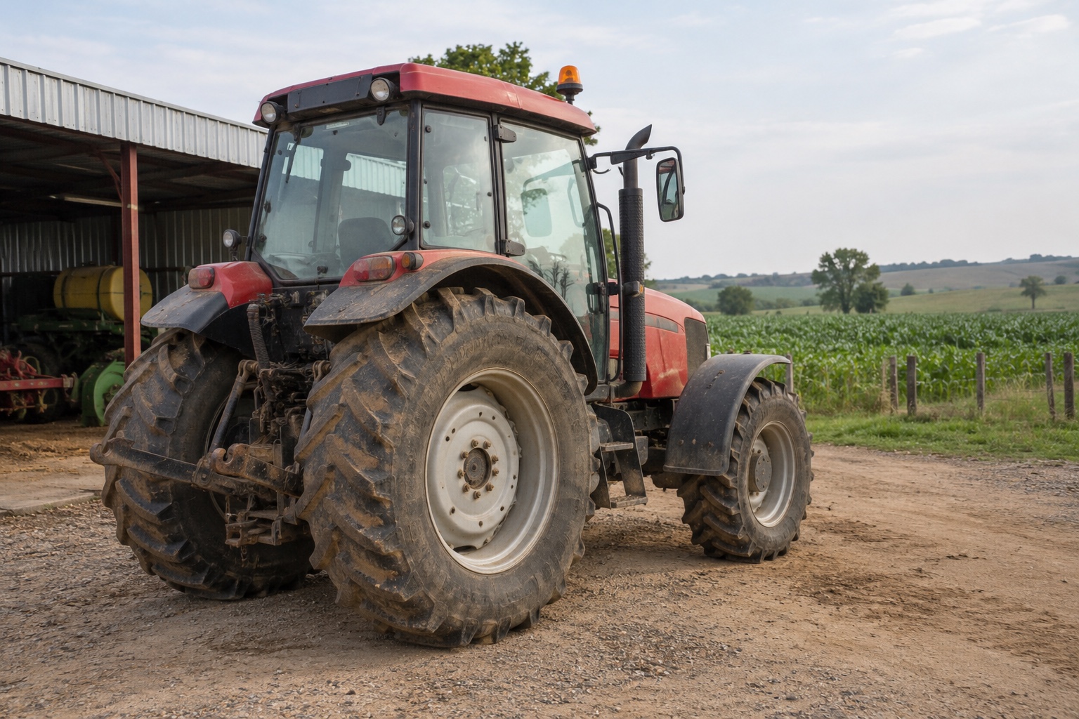 Tractor agrícola junto a un galpón tras un turno; escena ilustrativa