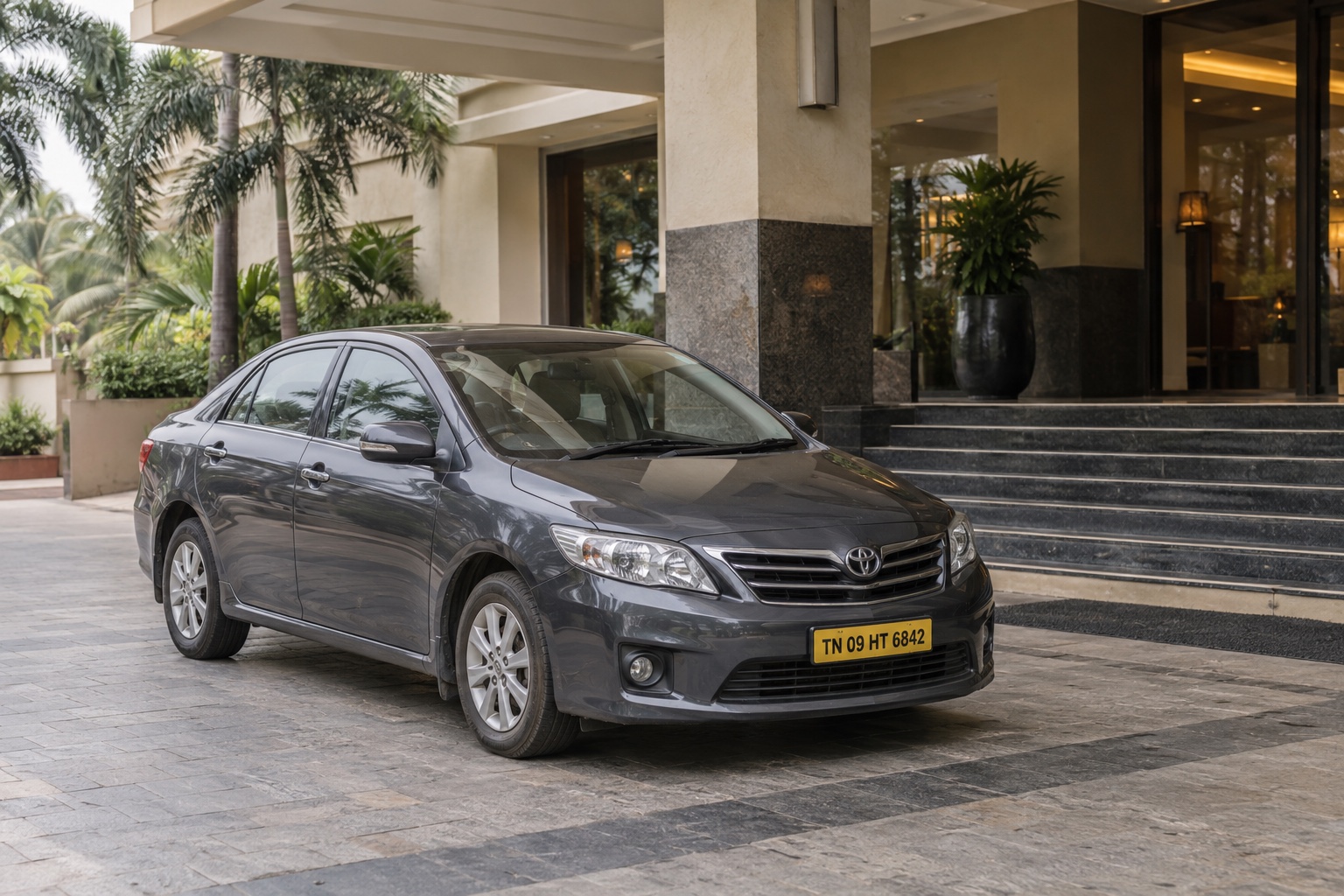 Illustrative hotel transfer sedan in a covered passenger pickup area in Chennai, India