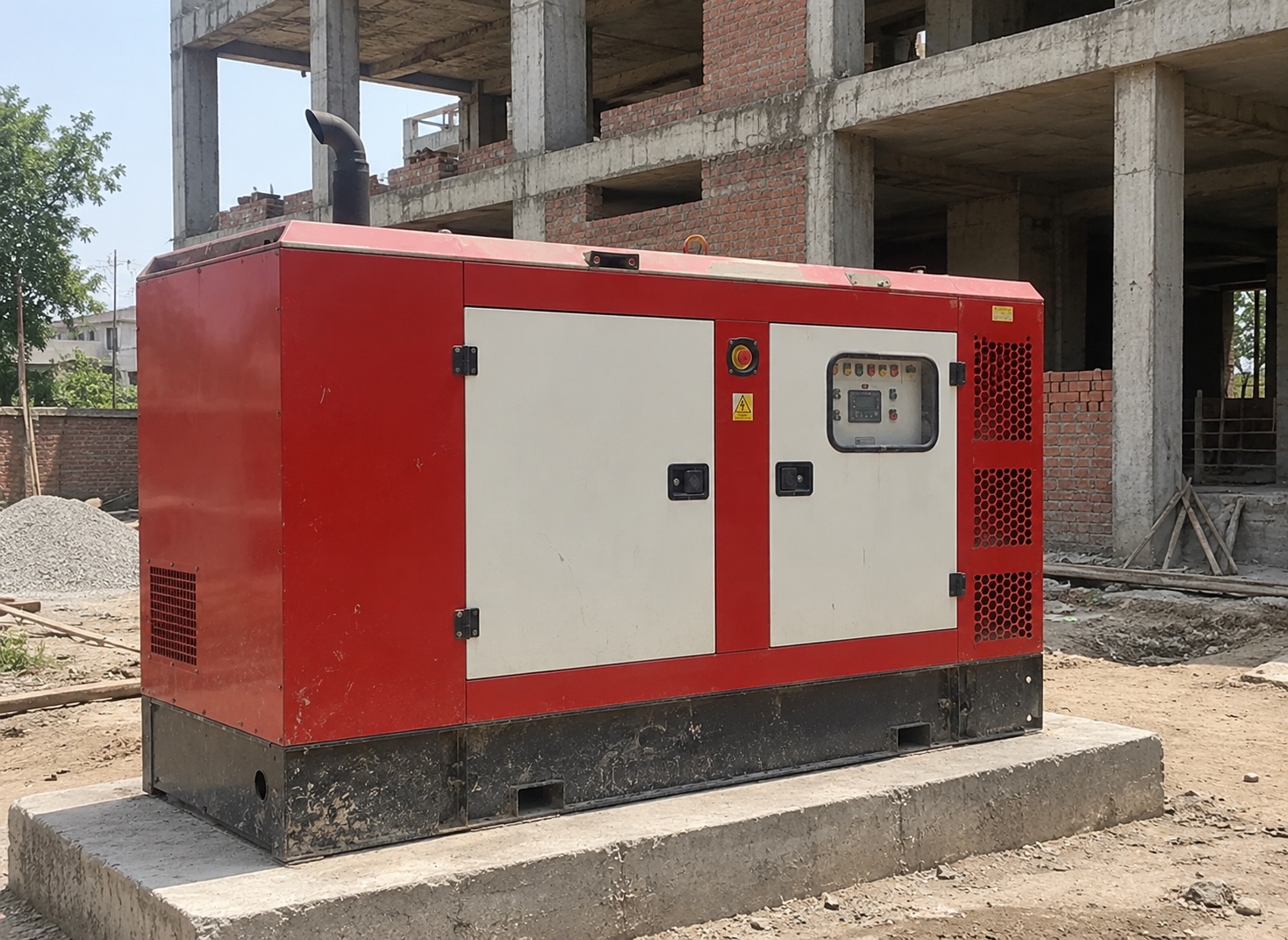 Red-and-white rental diesel generator at a construction site in Haryana, India