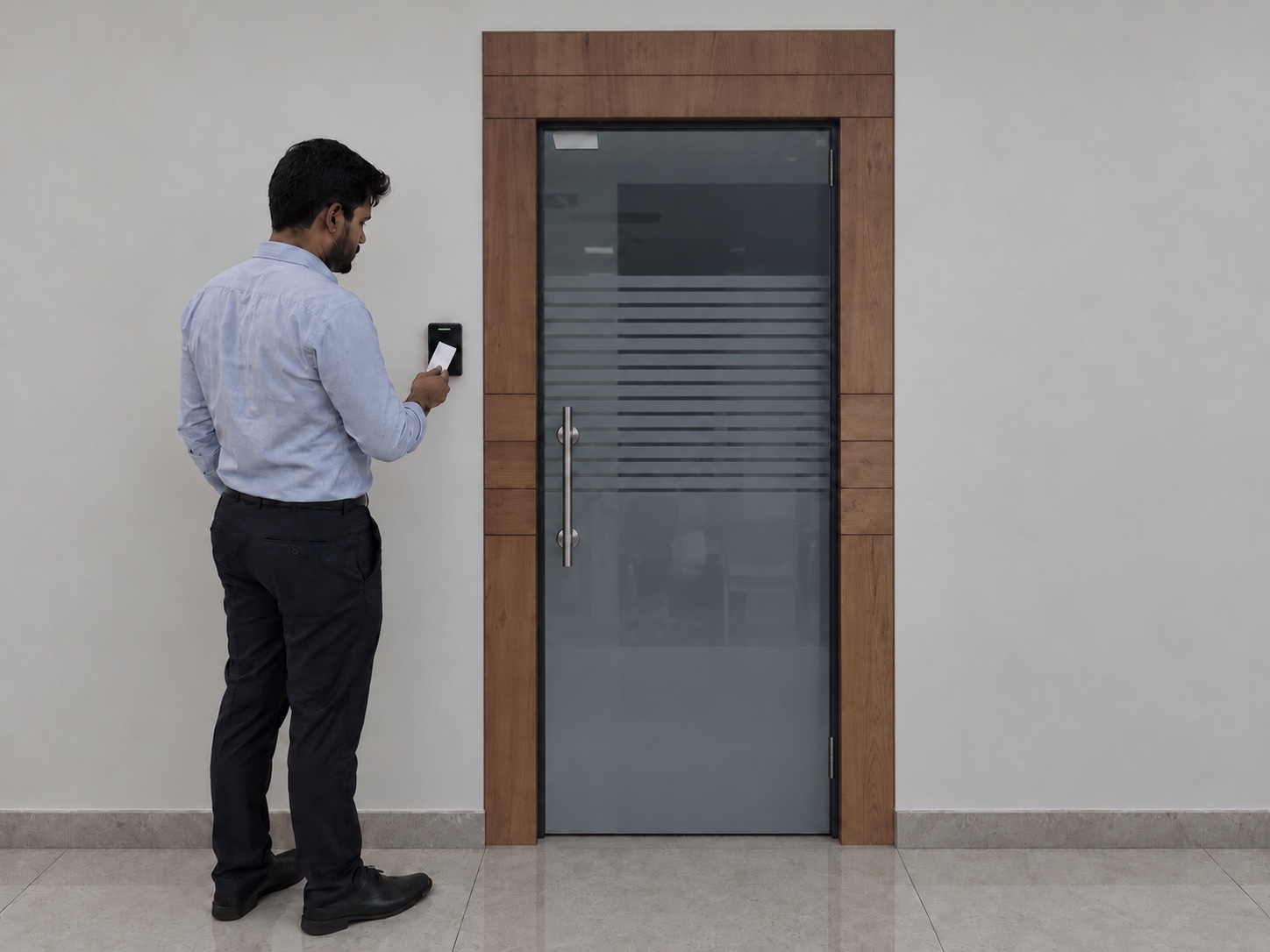 An employee presenting a personal card to an RFID reader beside a small office entrance door in India — illustrative scene