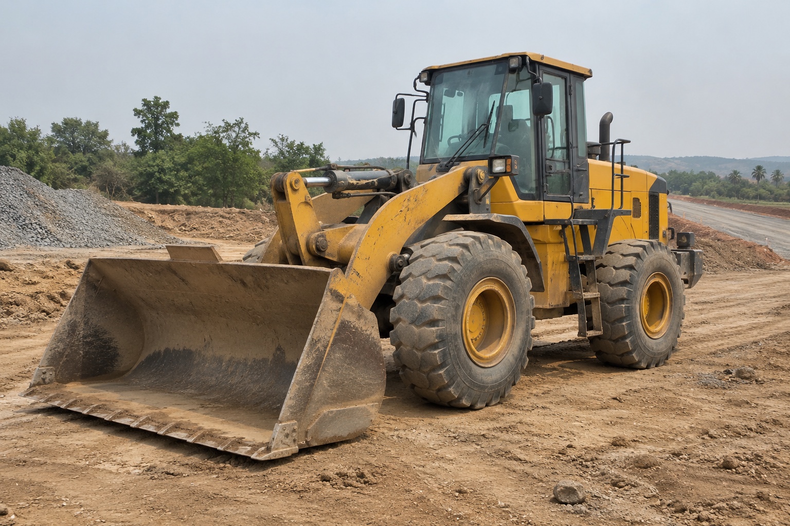 Wheel loader at a road construction site in India — illustrative scene