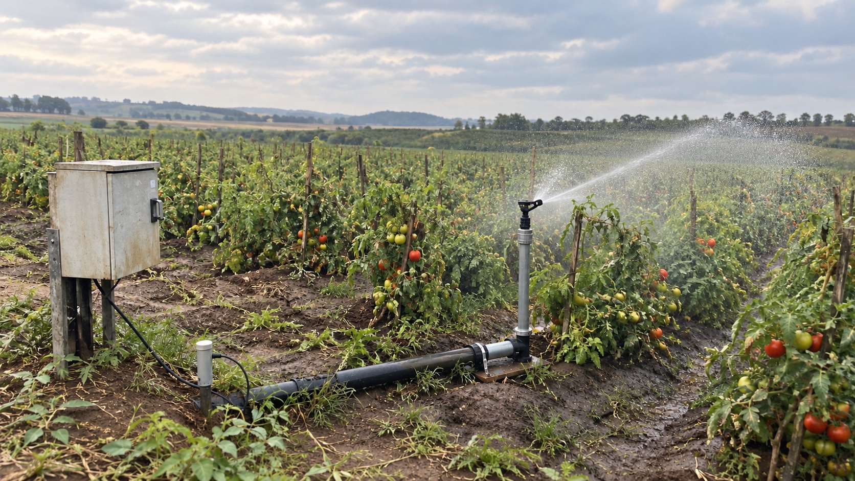 Documentary-style scene of sprinkler irrigation among uneven tomato rows, with soil monitoring equipment and a weathered control cabinet