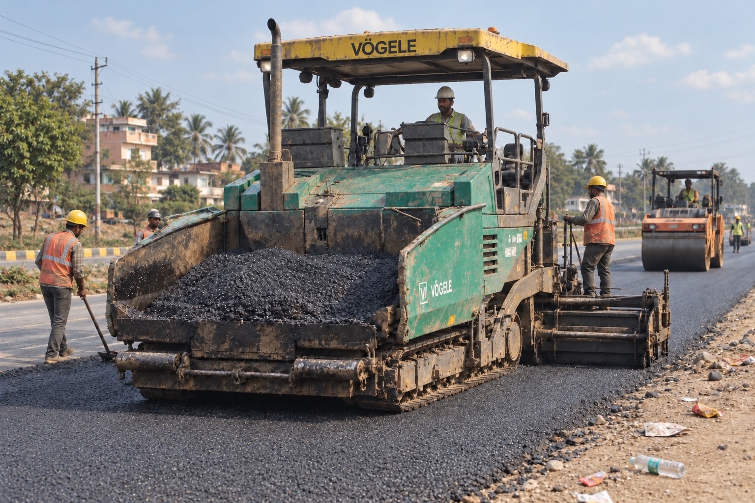 Green tracked asphalt paver and paving crew working on a road in India